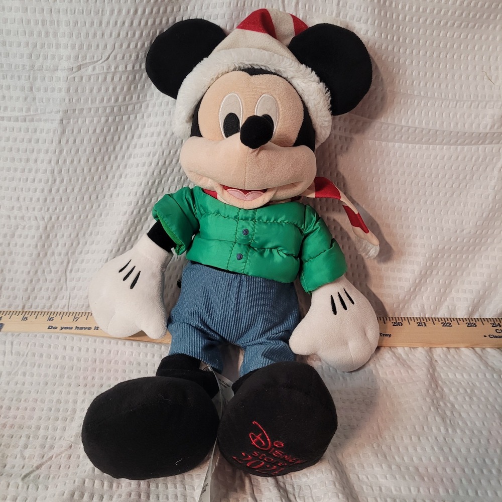 Disney Store 2021 Holiday Mickey Mouse Plush Green Puffer Jacket 16 Inch Collect